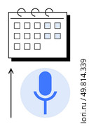 Calendar with grid upward arrow blue microphone in circle. Ideal for productivity, organization, voice control, technology integration, smart scheduling, automation, communication. Line metaphor. Connecting Voice Commands with Scheduled Tasks for Seamless Automation. Стоковая иллюстрация, агентство Ingram Publishing / Фотобанк Лори