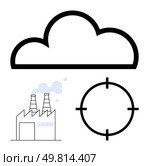 Large cloud icon above factory emitting smoke with a target reticle alongside. Ideal for environmental awareness, pollution tracking, climate change issues, industrial activities impact, ecological. Cloud over factory with emissions next to target reticle representative of climate change and pollution. Стоковая иллюстрация, агентство Ingram Publishing / Фотобанк Лори