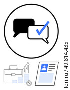 Business chat bubbles with a checkmark, briefcase, financial growth graph with coins, and profile summary. Ideal for corporate communication, project management, finance, career, HR business growth. Business Communication and Growth Elements Including Briefcase, Financial Graph, and Profile Summary. Стоковая иллюстрация, агентство Ingram Publishing / Фотобанк Лори