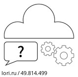Cloud with gears and speech bubble containing question mark. Ideal for cloud computing, technology, troubleshooting, innovation, web, v09 services, IT infrastructure, and problem-solving concepts. Line. Cloud Computing Concept with Gears and Speech Bubble Highlighting Questions and Solutions. Стоковая иллюстрация, агентство Ingram Publishing / Фотобанк Лори