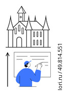Castle symbolizes goals arrow represents progress person writing signifies education. Ideal for themes of ambition, growth, learning, achievement, success, goal-setting, vision. Line metaphor. Education as a Pathway to Achieving Great Aspirations and Goals. Стоковая иллюстрация, агентство Ingram Publishing / Фотобанк Лори