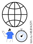 Large globe man pointing stopwatch. Ideal for global reach, productivity, time management, guidance, efficiency, workflow, and innovation. Line metaphor. Global Connectivity, Timing, and Human Insight for Efficient Workflow Management. Стоковая иллюстрация, агентство Ingram Publishing / Фотобанк Лори