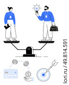 Man and woman standing on a balance scale man holding a light bulb, woman holding a document. Ideal for business equality, gender balance, innovative ideas, financial literacy, teamwork, professional. Equal Business Opportunities Men and Women Balancing Ideas and Finances on a Seesaw. Стоковая иллюстрация, агентство Ingram Publishing / Фотобанк Лори