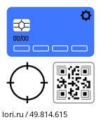 Credit card with chip, settings gear, QR code, and target reticle. Ideal for digital payment, security, technology, banking e-commerce mobile payments and financial apps. Line metaphor. Digital Payment Elements with QR Code, Credit Card, and Target Reticle Symbol. Стоковая иллюстрация, агентство Ingram Publishing / Фотобанк Лори
