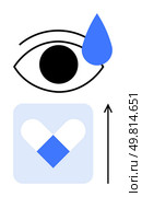 Eye with teardrop capsule symbol in heart shape upward arrow. Ideal for healing, growth, wellness, progress, transformation, hope, renewal. Line metaphor. Eye with Teardrop and Arrow Symbolizing Healing, Progress, and Personal Growth. Стоковая иллюстрация, агентство Ingram Publishing / Фотобанк Лори