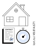 House symbolizes real estate below are a signed contract and a stopwatch. Ideal for real estate, contracts, agreements, time management, property sales, rental, housing. Line metaphor. House Icon with Contract and Stopwatch Representing Timely Property Sales or Rental Agreements. Стоковая иллюстрация, агентство Ingram Publishing / Фотобанк Лори