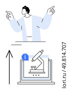 Man pointing upwards with both hands, below a microscope is displayed on a laptop screen with an information icon. Ideal for science education, online learning, technology, research, guidance. Man pointing upwards with microscope on laptop screen and informational icon below him. Стоковая иллюстрация, агентство Ingram Publishing / Фотобанк Лори