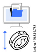 Desktop monitor with blue folder and documents, large dollar coin with blue vertical arrow. Ideal for finance, cloud storage, data management, digital security, online transactions, business. Digital File Storage and Cloud Finance Management Efficient and Secure Data Solutions. Стоковая иллюстрация, агентство Ingram Publishing / Фотобанк Лори
