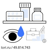 Medications on shelf with pill bottle, tablet pack, eye with tear drop, briefcase and financial arrows. Ideal for healthcare, investment, medical supplies, pharmaceuticals, finance economic growth. Pharmaceutical Supplies with Eye Drop and Financial Growth Icons Highlighting Medication and Health Investment. Стоковая иллюстрация, агентство Ingram Publishing / Фотобанк Лори