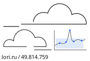 Two cloud shapes with linear outlines intersect with a line graph highlighting data analysis. Ideal for technology, meteorology, analytics, forecasting, minimalism, abstract art, innovation. Line. Abstract Cloud Forms with Graph - Merging Nature and Data Analytics. Стоковая иллюстрация, агентство Ingram Publishing / Фотобанк Лори