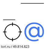 Blue email symbol and black target icon aligned with horizontal lines. Ideal for email marketing, targeting, communication strategies, online campaigns, technology themes, focus-driven content. Email Symbol with Target Icon and Horizontal Lines Suggesting Focus and Connectivity. Стоковая иллюстрация, агентство Ingram Publishing / Фотобанк Лори