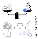 Seesaw with money and career on one side and home, health, heart on the other. Plant growing from head, briefcase, bar graph. Ideal for work-life balance, finance, health personal growth mental. Work-Life Balance Concept with Money, Health, and Personal Happiness on a Seesaw Scale. Стоковая иллюстрация, агентство Ingram Publishing / Фотобанк Лори