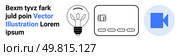 Modern lightbulb, credit card, and video camera icons beside text, ideal for technology, finance, creativity, innovation, marketing multimedia online transactions. Landing page. Lightbulb, Credit Card, and Video Camera Icon with Sample Text and Blue Accent for Diverse Applications. Стоковая иллюстрация, агентство Ingram Publishing / Фотобанк Лори