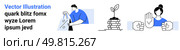 Man placing recycling items into a bag, a plant growing from a stack of coins, and a person making a stop gesture. Ideal for sustainability, finances, work ethics, personal growth, awareness. Eco-friendly Practices and Strong Work Ethic Highlighted Through Everyday Activities and Actions. Стоковая иллюстрация, агентство Ingram Publishing / Фотобанк Лори