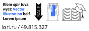 Clothes on hangers, a downward arrow labeled SALE, an open book with graduation cap, and a pendulum. Ideal for education, retail, marketing, promotions back-to-school sales academic themes. Landing. Shopping Sale Promotion with Clothes Display, Graduation Cap on Book and Hanging Pendulum. Стоковая иллюстрация, агентство Ingram Publishing / Фотобанк Лори