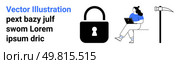 Woman with laptop, lock symbol in center, and pickaxe symbol. Ideal for online security, data protection, cybersecurity, remote work, digital safety, IT security, and technology. Landing page. Cybersecurity Awareness Woman Using Laptop with Lock Symbol and Online Security Icons. Стоковая иллюстрация, агентство Ingram Publishing / Фотобанк Лори