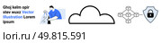 Man writing on a document, cloud icon, networked nodes, and a lock shield representing cybersecurity and cloud storage. Ideal for cloud technology, cybersecurity, data storage, programming. Cloud Computing Concept with Text, Cloud Icon, and Networked Security Illustration with a Lock. Стоковая иллюстрация, агентство Ingram Publishing / Фотобанк Лори