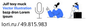 Woman pointing at a large microphone, another woman sitting on a box using a smartphone. Ideal for podcasts, communication, technology, content creation, social media, digital media, modern. Woman with Microphone Pointing, Another Woman on Box with Smartphone in Blue and Black Design. Стоковая иллюстрация, агентство Ingram Publishing / Фотобанк Лори