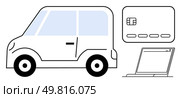 Car, credit card, and laptop combine transportation, finance, and technology themes. Ideal for online payment, e-commerce, car rental, digital transactions web services automotive industry travel. Car, credit card and laptop representing online car rental services, e-commerce, and digital payment methods. Стоковая иллюстрация, агентство Ingram Publishing / Фотобанк Лори