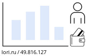 Bar chart in ascending and descending order, person outline, wallet with a credit card. Ideal for personal finance, investment strategy, economic growth, budgeting, market analysis, financial. Financial growth representation with bar chart, person outline, and wallet with credit card. Стоковая иллюстрация, агентство Ingram Publishing / Фотобанк Лори