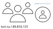 Group of three people icons and highlighted individual profile icon in circle with selection indicator. Ideal for social media, user interface, networking, online communities, team building. User Profile Selection with Group of Three People and Highlighted Individual Profile. Стоковая иллюстрация, агентство Ingram Publishing / Фотобанк Лори