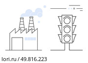 Factory with twin smokestacks emitting smoke beside a traffic light on right. Ideal for industrial impact, pollution, urbanization, infrastructure, environmental issues, city planning, regulation. Factory with Emission Stacks Near Traffic Light, Representing Industrial Impact on Urban Areas. Стоковая иллюстрация, агентство Ingram Publishing / Фотобанк Лори