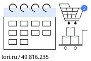Calendar with monthly grid and blue header, shopping cart with notification, and boxes on a push cart. Ideal for retail planning, scheduling, logistics, e-commerce, inventory management, purchasing. Calendar with Shopping Cart Symbol and Boxes on a Push Cart for Scheduling and Retail Logistics. Стоковая иллюстрация, агентство Ingram Publishing / Фотобанк Лори