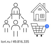 Family hierarchy diagram connected to a house and a shopping cart with notification. Ideal for family structure, home, shopping, ecommerce, communication, notifications, real estate. Line metaphor. Family Hierarchy with House and Shopping Cart Symbolizing Online Shopping and Home Ownership. Стоковая иллюстрация, агентство Ingram Publishing / Фотобанк Лори