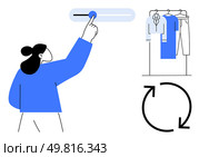 Person adjusting slider control, wardrobe with hanging clothes, circular arrow representing clothing rotation. Ideal for personal organization, fashion, wardrobe management, app design, user. Person adjusting settings with wardrobe, suggesting organization and clothing rotation. Стоковая иллюстрация, агентство Ingram Publishing / Фотобанк Лори