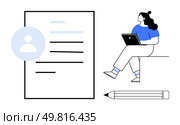 Person using laptop seated beside profile document and pencil. Ideal for job applications, resume editing, hiring processes, online portfolios, career advice, recruitment, and digital profiles. Line. Professional seated with laptop beside profile document and pencil, illustrating resume update theme. Стоковая иллюстрация, агентство Ingram Publishing / Фотобанк Лори