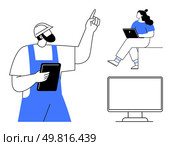 Construction worker with hat and tablet gestures while seated woman holds her own tablet. Computer monitor displayed. Ideal for project planning, teamwork, remote work, office settings, construction. Construction worker discussing plans with seated colleague holding a tablet, next to a computer monitor. Стоковая иллюстрация, агентство Ingram Publishing / Фотобанк Лори