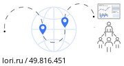 Globe with map markers represents global connectivity, analytics dashboard displays data, team hierarchy indicates collaboration. Ideal for global business strategy, data analysis, teamwork, project. Global Connectivity and Data Analytics with Team Collaboration Concept. Стоковая иллюстрация, агентство Ingram Publishing / Фотобанк Лори