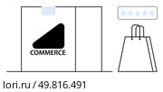 E-commerce storefront featuring Commerce sign, adjacent shopping bag, and five-star review icon. Ideal for online shopping, retail, business, marketing, customer satisfaction, technology. Online Storefront with Shopping Bag and Customer Reviews for E-Commerce and Retail Business Concepts. Стоковая иллюстрация, агентство Ingram Publishing / Фотобанк Лори