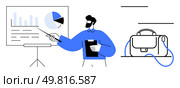 Business professional pointing at data on a presentation board, clipboard in hand. Briefcase symbolizes readiness for work. Ideal for business strategy, marketing plans, office training, corporate. Business professional presenting data on a board with briefcase icon depicting preparedness. Стоковая иллюстрация, агентство Ingram Publishing / Фотобанк Лори