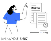 Woman wearing a blue shirt pointing at an invoice document with a currency symbol. Ideal for finance, accounting, billing, invoicing, payment processing, customer service, small business themes. Line. Woman Pointing at Invoice Document with Currency Symbol Indicating Financial Transactions. Стоковая иллюстрация, агентство Ingram Publishing / Фотобанк Лори
