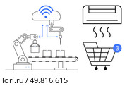 Robotic arm on a production line guided by cloud signals, air conditioning unit, shopping cart with notification. Ideal for automation, IoT, manufacturing, smart homes, retail industry 4.0 supply. Robotic arm controlling production line with cloud connectivity, air conditioning and shopping cart. Стоковая иллюстрация, агентство Ingram Publishing / Фотобанк Лори