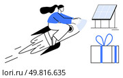 Woman riding a rocket, signifying speed and progress, with a solar panel and gift box denoting sustainability and rewards. Ideal for technology, innovation, eco-friendly solutions, startups. Woman Traveling on a Rocket, Solar Panel, and Gift Box Symbolizing Innovation and Eco-Friendly Solutions. Стоковая иллюстрация, агентство Ingram Publishing / Фотобанк Лори