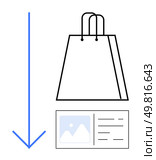 Shopping bag with handles next to a receipt featuring an image and text. Downward arrow beside bag. Ideal for e-commerce, sales, downloads, online shopping, retail, transactions marketing. Line. Shopping Bag with Receipt Icon and Downward Arrow Indicating Sale or Download. Стоковая иллюстрация, агентство Ingram Publishing / Фотобанк Лори