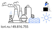 Industrial facility with smoke stacks, domes, water, rising sun, and clouds. Worker seated reading. Ideal for manufacturing, energy, environment industry efficiency oversight modern industry. Industrial Complex with Worker Overseeing Operations and Environmental Elements. Стоковая иллюстрация, агентство Ingram Publishing / Фотобанк Лори