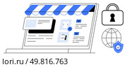 Laptop with blue-and-white awning displaying e-commerce interface, surrounded by security icons thumbs up padlock, globe, and shield. Ideal for online shopping, e-commerce, cybersecurity, digital. Online Shopping Concept Laptop with Awning and Security Symbols Representing E-commerce Security. Стоковая иллюстрация, агентство Ingram Publishing / Фотобанк Лори