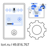 Smartphone interface with voice control, temperature slider, home button, cogwheel for settings, and online shopping scenes. Ideal for smart home, voice control, e-commerce, user interface digital. Smart Home Control with Voice Commands, Online Shopping, and Customizable Settings Concept Image. Стоковая иллюстрация, агентство Ingram Publishing / Фотобанк Лори