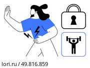 Female figure with hand raised in stop gesture alongside security lock and weightlifting icons. Ideal for personal boundaries, strength training, security, empowerment, self-defense, privacy, digital. Female figure setting boundary with electronic lock and weightlifting icons symbolizing power, protection, strength. Стоковая иллюстрация, агентство Ingram Publishing / Фотобанк Лори