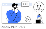Businessman in virtual meeting on screen, person using phone, avatar in circle. Ideal for remote work, video conferencing, online communication, social media, digital collaboration, telecommuting. Remote Communication Concept with Virtual Meeting, Online Chat, and Digital Interaction Elements. Стоковая иллюстрация, агентство Ingram Publishing / Фотобанк Лори