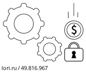 Gears, dollar sign, and padlock representing integration of finance, operations, and security. Ideal for business, engineering, fintech, cybersecurity automation investment strategic planning. Gears, Dollar Sign and Padlock Illustrating Financial Security, Operational Efficiency, and Protection. Стоковая иллюстрация, агентство Ingram Publishing / Фотобанк Лори