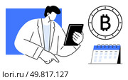 Business professional holding a tablet, pointing, Bitcoin symbol, calendar with loops. Ideal for business strategy, cryptocurrency, financial planning, fintech, investment, market analysis. Business Professional Engaged in Digital Currency Planning with Tablet and Calendar. Стоковая иллюстрация, агентство Ingram Publishing / Фотобанк Лори