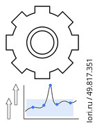 Gear line graph with data points and up arrows highlight growth efficiency, productivity, innovation, strategy, optimization, technological progress. Ideal for business, finance, tech. Gear and Graph Integrating Mechanisms with Data Analysis for Optimized Growth. Стоковая иллюстрация, агентство Ingram Publishing / Фотобанк Лори