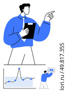 Professional in blue attire holds clipboard pointing upwards. Below graphs and charts highlight analysis. Ideal for business analytics, presentations, teamwork, strategy, education, growth. Line. Business Analysis and Data Interpretation Concept with Blue Themed Professional and Graph Elements. Стоковая иллюстрация, агентство Ingram Publishing / Фотобанк Лори