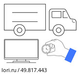 Delivery truck, hand holding a stopwatch for timing, and a desktop monitor. Ideal for logistics, transportation, time management, punctuality, online tracking delivery services e-commerce. Line. Delivery truck, hand holding a stopwatch, and monitor concept of delivery time management. Стоковая иллюстрация, агентство Ingram Publishing / Фотобанк Лори