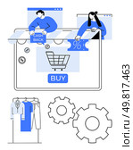 People interacting with a large screen showing online shopping features thumbs up cash back, discounts, and buy buttons. Ideal for e-commerce web, v09sites, digital marketing, online stores, retail, sales. Online Shopping Experience with Cash Back and Discount Offers on Clothing and Accessories. Стоковая иллюстрация, агентство Ingram Publishing / Фотобанк Лори
