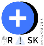 Blue circle with white cross next to black crescent shape. Safety triangle with exclamation point between R and SK letters. Ideal for risk management, mental health, safety guidelines, health. Risk Awareness with Positive and Negative Elements Highlighting Balanced Decision-Making. Стоковая иллюстрация, агентство Ingram Publishing / Фотобанк Лори